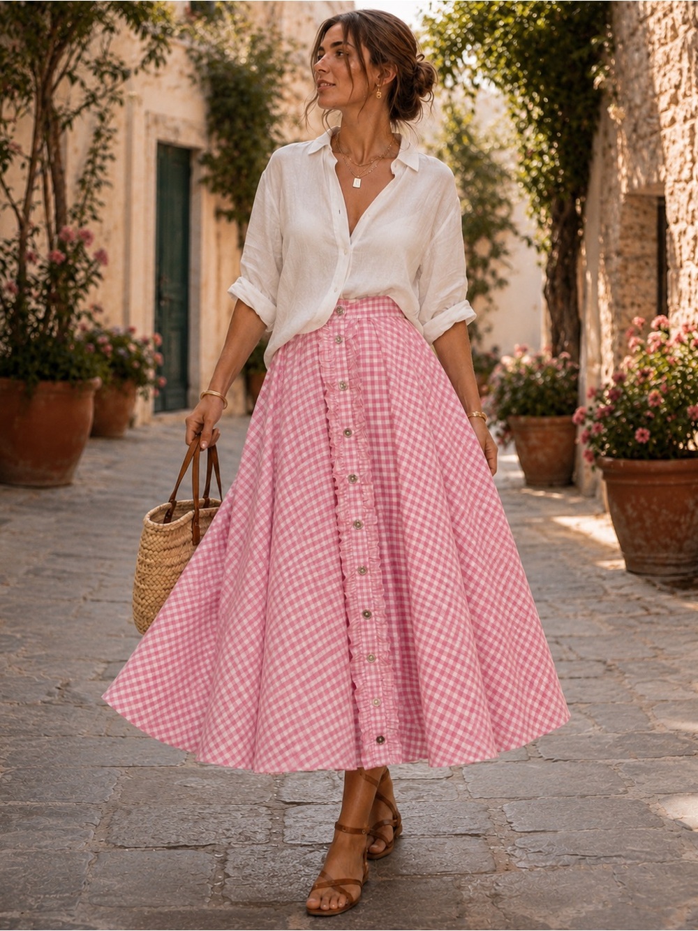Annamaria Paletti Gingham Full Skirt Pink Ruffle Midi Italy US 10 IT 46